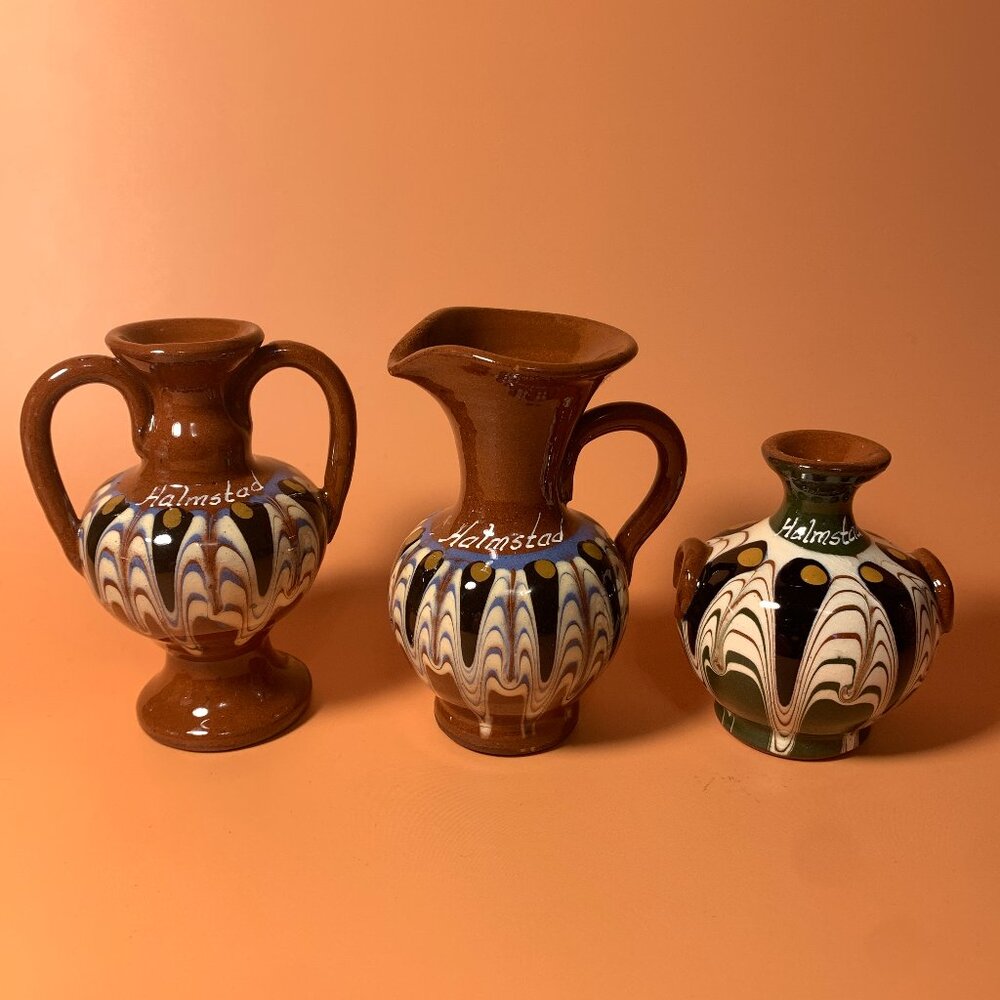 Beautiful Mini 3 Pc Art Pottery HALMSTAD Sweden Redware Set